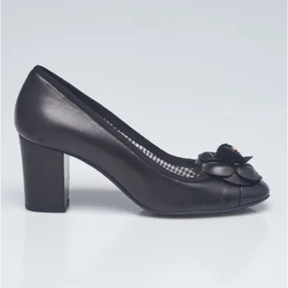 CHANEL
Black Leather Camellia Block Heel Pumps